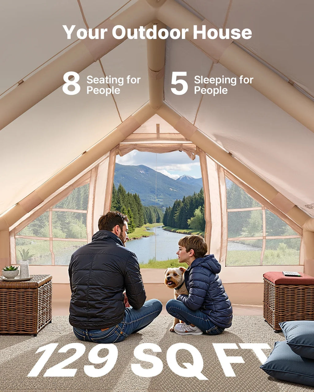 VEVOR Inflatable Tents for Camping, 5-8 Person Easy Setup Blow up Tent with Hand Pump, 300D Oxford Glamping Tent with Stove Jack 2 Doors & 4 Mesh Windows, Storage Bag Included for Easy Taking