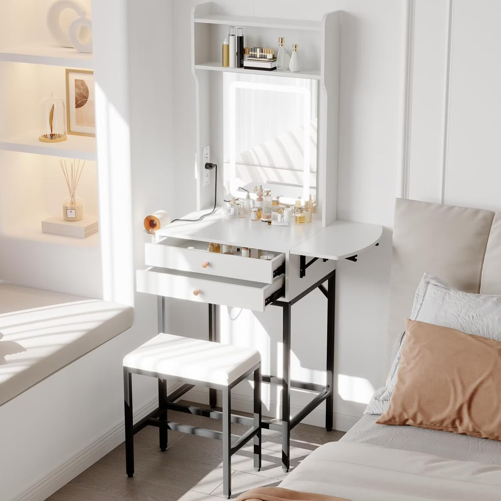 Small Makeup Vanity Desk with Mirror and Lights,Vanity Table Set with Storage Drawer,Hair Dryer Holder,Fold-Up Panel,Stool and Shelves,Compact Makeup Dressing Table for Bedroom Apartments