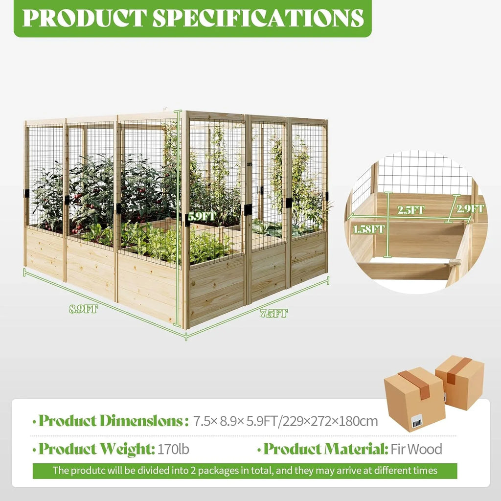 Jocisland Wooden Raised Garden Bed for Outdoor, Deep Large Planter Box with Netting for Gardening, Vegetables, Herbs"8"9"6 ft"