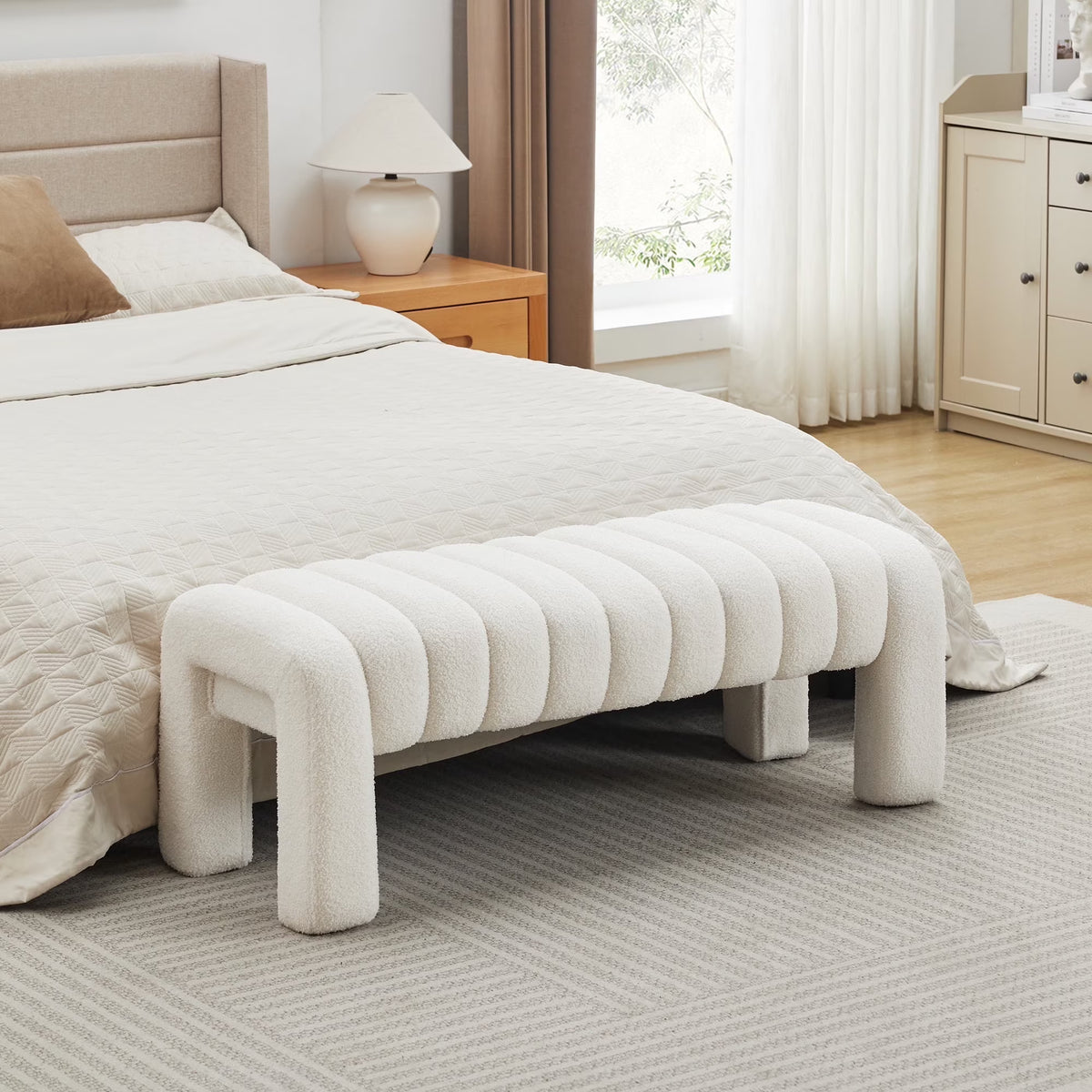 Zesthouse 63" End of Bed Bench, Linen Tufted Upholstered Ottoman Bench with Padded Seat and Solid Wood Leg, Modern Entryway Bench for Bedroom, Living Room, Beige