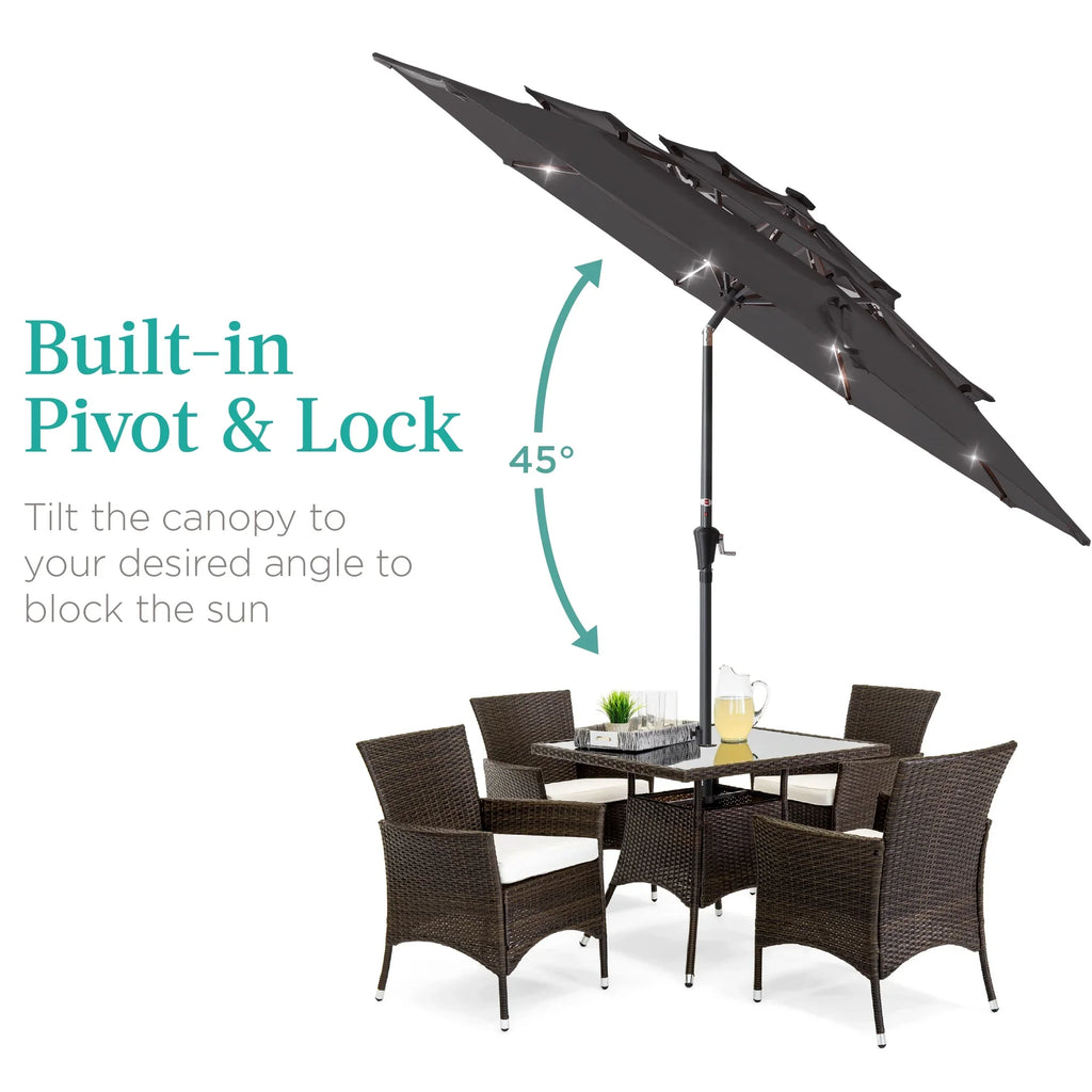 Best Choice Products 10ft 3-Tier Solar Patio Umbrella w/ 24 LED Lights, Tilt Adjustment, Easy Crank - Tan