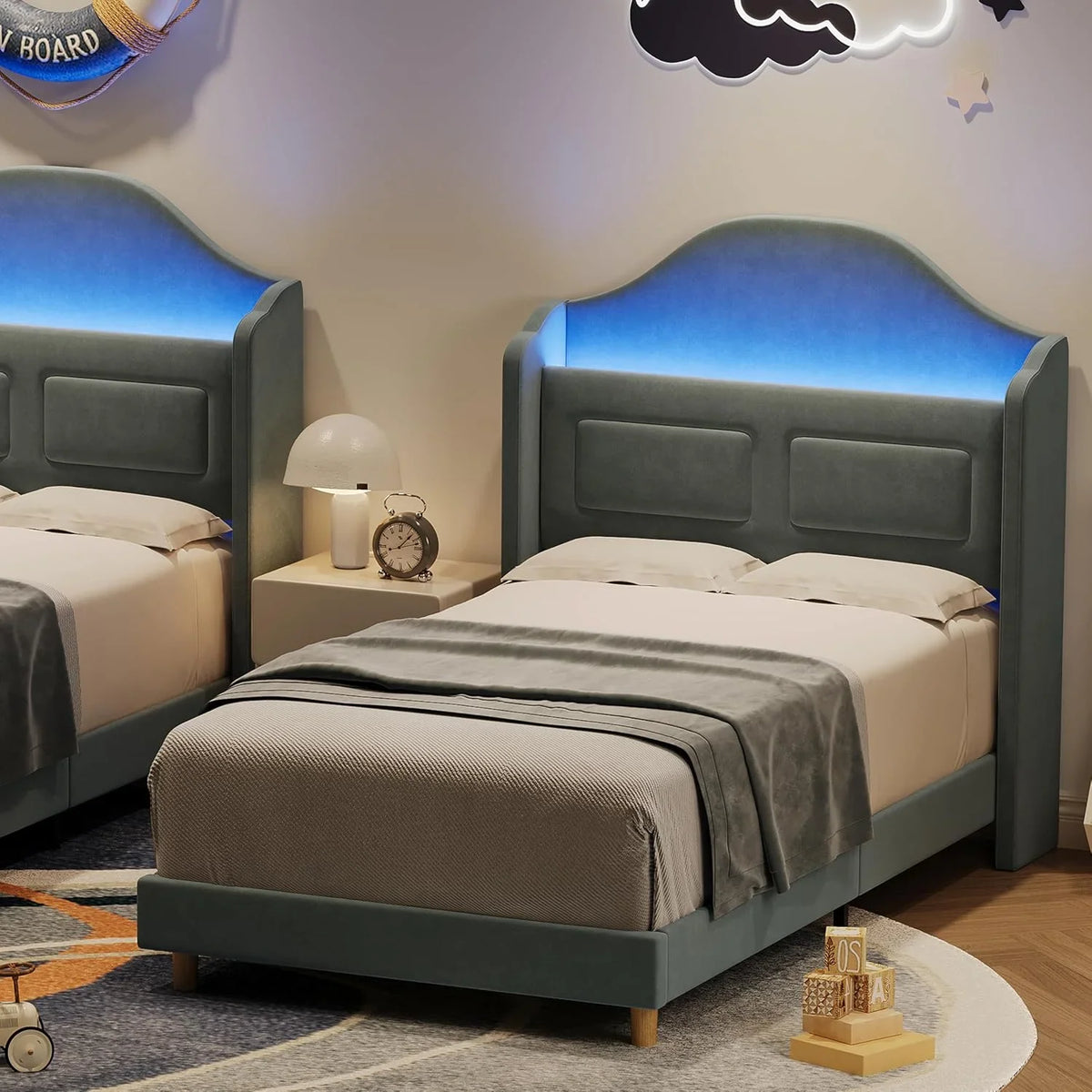 BouPower Twin Size Bed Frame with LED Lights,Platform Bed with Wing Back Storage Headboard,Upholstered Twin Bed,No Box Spring Needed,Easy Assembly