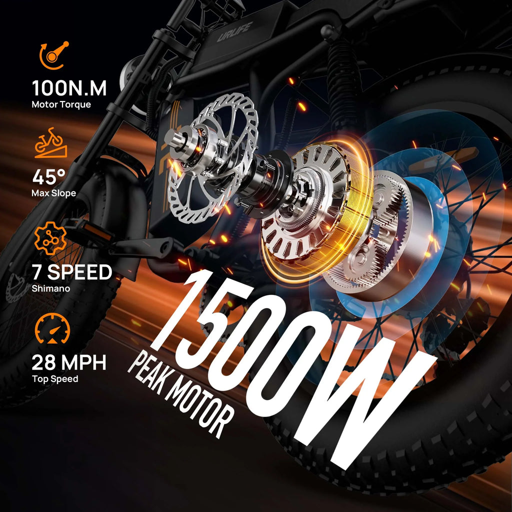URLIFE 1500W Electric Bike for Adults,20"4.0 Fat Tire Ebike,48V 15.6Ah Removable Battery,7-Speed E-Mountain Bikes,All-Terrain Off-Road Electric Bicycle,UL2849 Certified(Black)