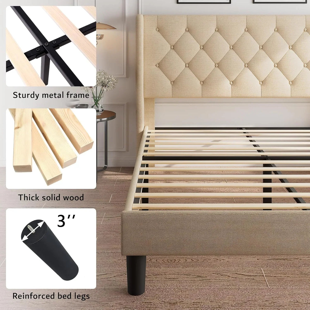 iPormis Full Size Bed Frame with Diamond Button Tufted Wingback Headboard, Upholstered Platform Bed Frame with Strong Wood Slat Support, No Box Spring Needed,Black