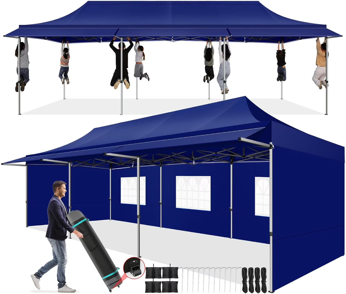 SANOPY 10x20 FT Pop Up Canopy Tent with Awning,Heavy Duty Canopy UPF 50+ All Season Wind Waterproof Commercial Outdoor Street Vendors Party Tents for Parties Canopy with Roller Bag