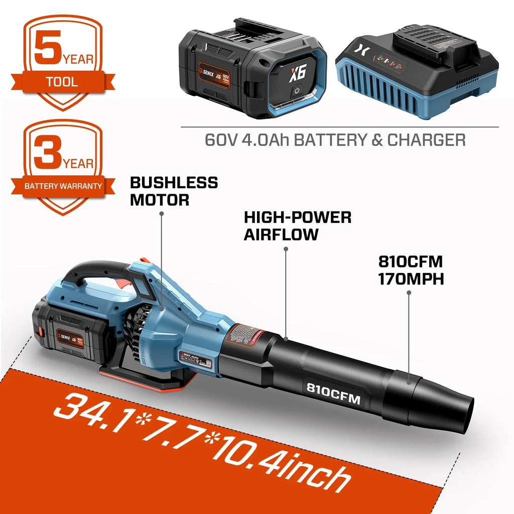 SENIX X6 60V Max* Brushless Cordless Leaf Blower with 4.0 Ah Battery and Charger, Variable Speed Up to 810CFM 170MPH, BLAX6-M1
