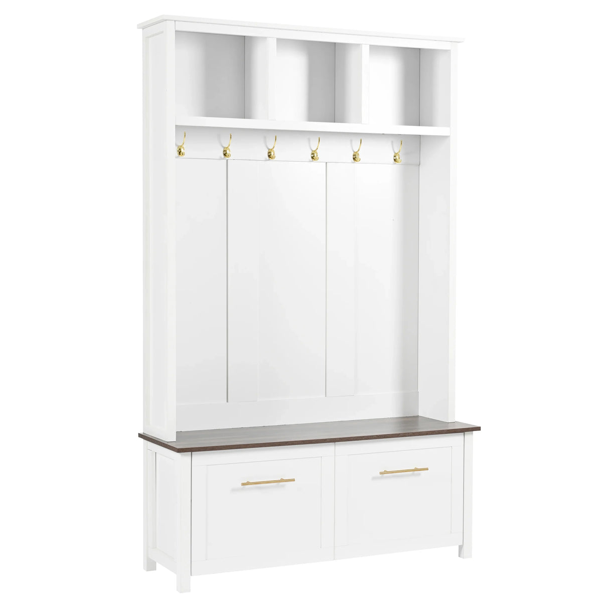 Harper & Bright Designs Farmhouse Hall Tree with Bench and Shoe Storage, Mudroom Bench with Coat Rack and Adjustable Shelves for Hallway, Living Room, White