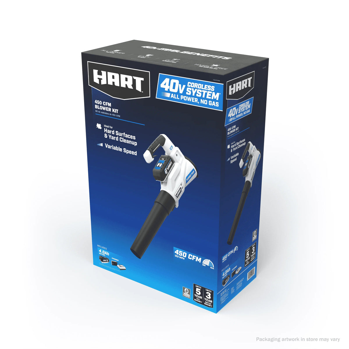 HART 40V 120 MPH at 450 CFM Cordless Axial Leaf Blower Kit, (1) 4.0Ah Lithium-Ion Battery
