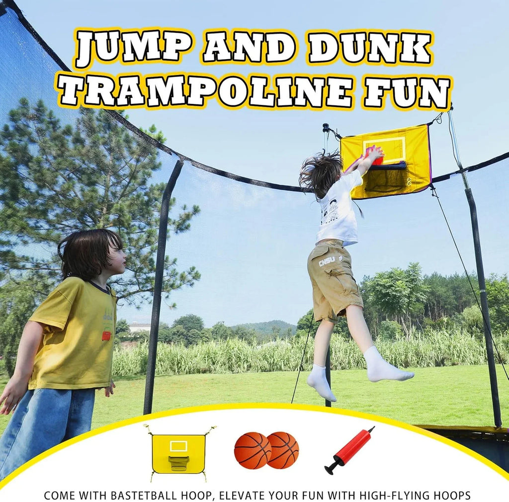 ACWARM HOME 8FT Trampoline with Enclosure Net,Basketball Hoop,Ladder, Light,Outdoor Heavy Duty Round,Purple