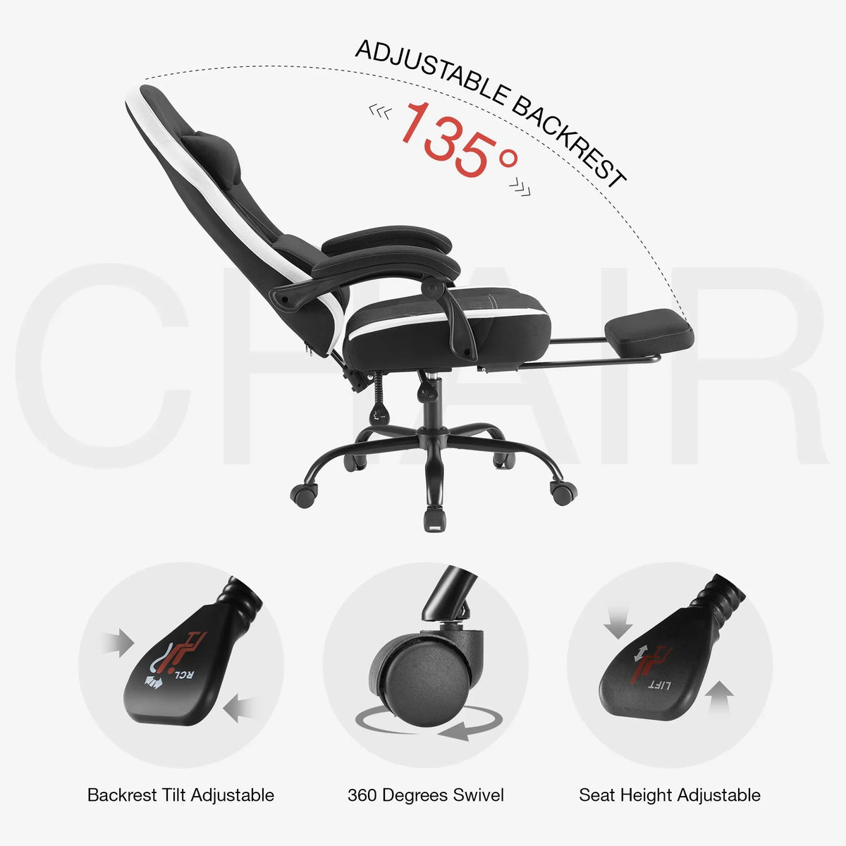 MCQ Ergonomic Swivel Gaming Chair with Headrest Lumbar Support for Home Office, Black and Grey