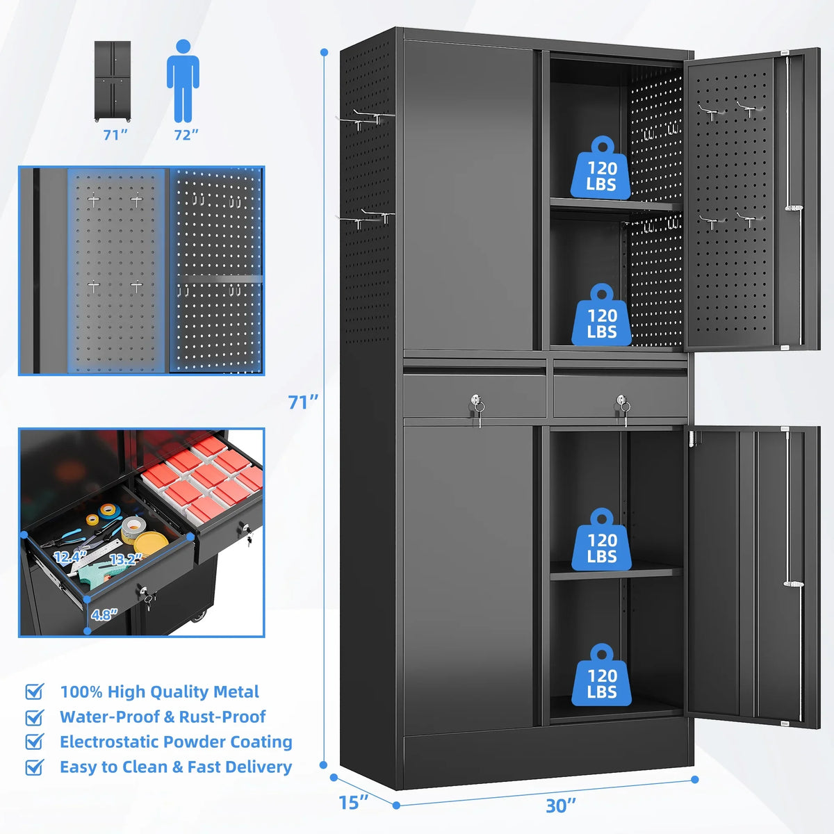 GAEANET 2 Door Metal Storage Cabinet with 5 Adjustable Shelves &Pegboard, 71" H"32" W"16" D Locking Steel Garage Cabinet, for Garage,Office,Home,Gym,School, File Cabinet,Assembly Required, Black