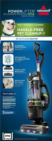 BISSELL Upright Vacuum, PowerLifter Allergen Pet Rewind, Pet Friendly, Bagless, HEPA filter, with Tangle Free Brush Roll, Swivel Steering and LED Headlights, 3404, Black
