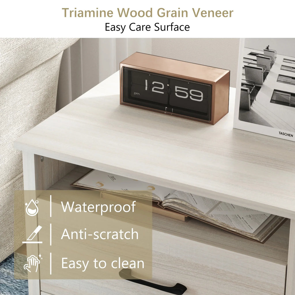 Farmhouse Nightstand with 2 Drawers, Rustic Grey Bedside Table with Open Shelf, Wooden Side End Table for Bedroom
