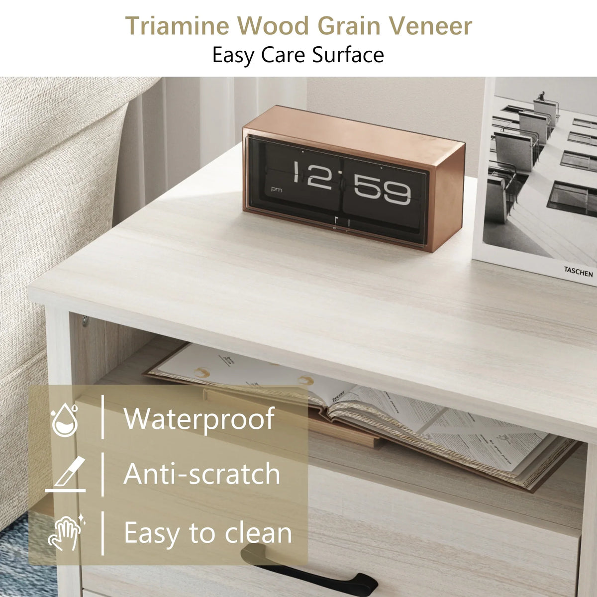 Farmhouse Nightstand with 2 Drawers, Rustic Grey Bedside Table with Open Shelf, Wooden Side End Table for Bedroom