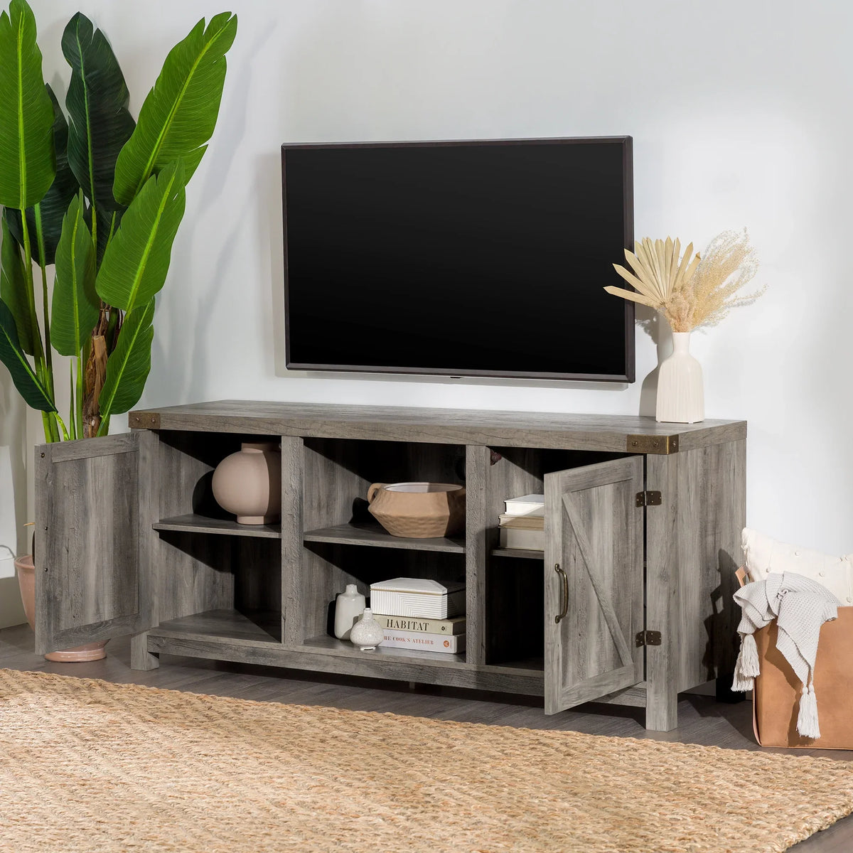 Walker Edison Modern Farmhouse Barn Door TV Stand for TVs up to 65", Grey Wash