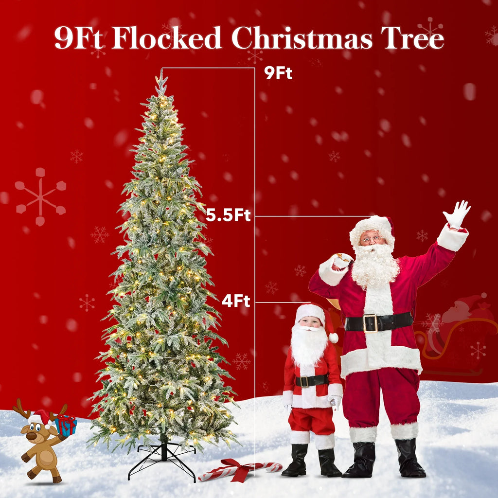Qunler 9ft Snow Flocked Christmas Tree with 2028 Tips, Artificial Snowy Xmas Pine Tree with Reinforced Metal Base for Home Office Party Holiday Decorations,White(NO Light)