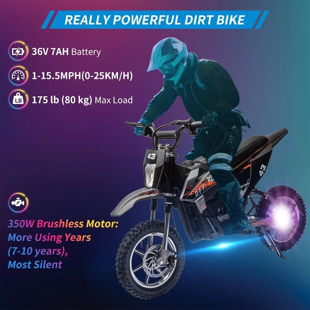 Nasitip Electric 350W Dirt Bike for Kids 8-16 year - Black