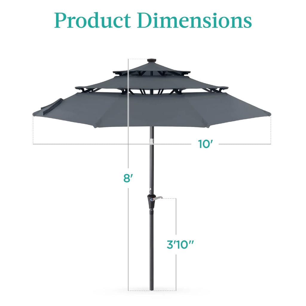 Best Choice Products 10ft 3-Tier Solar Patio Umbrella w/ 24 LED Lights, Tilt Adjustment, Easy Crank - Tan