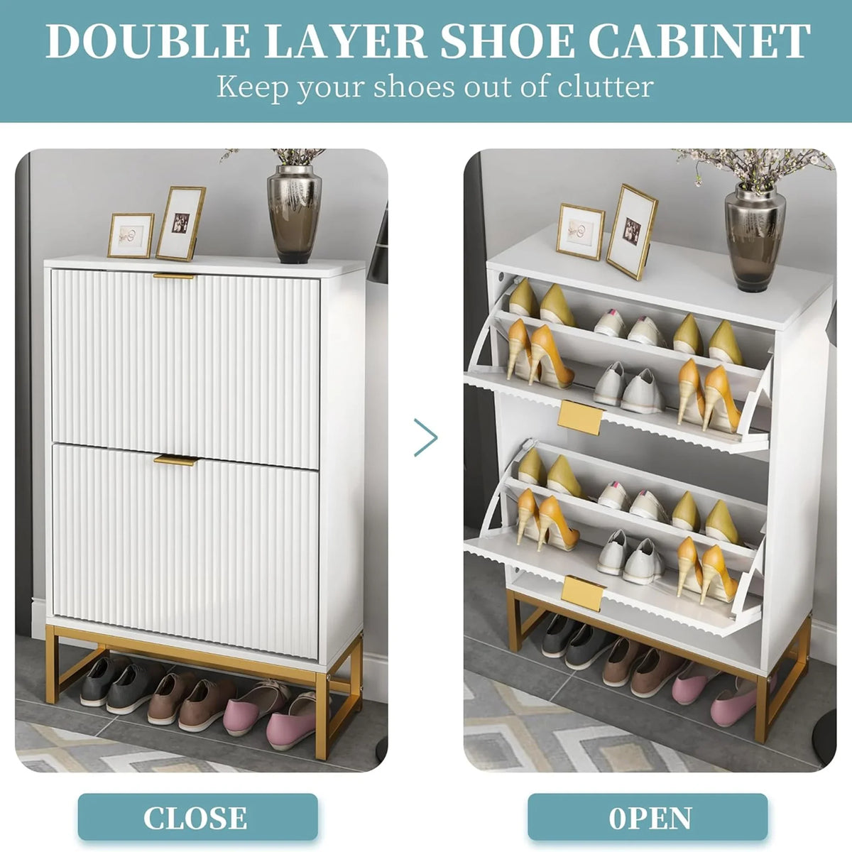 Oubayajia Modern Shoe Storage Cabinet, Wood Shoe Rack Organizer with 2 Flip Drawers, Freestanding Narrow Shoe Cabinet for Entryway Hallway, Natural