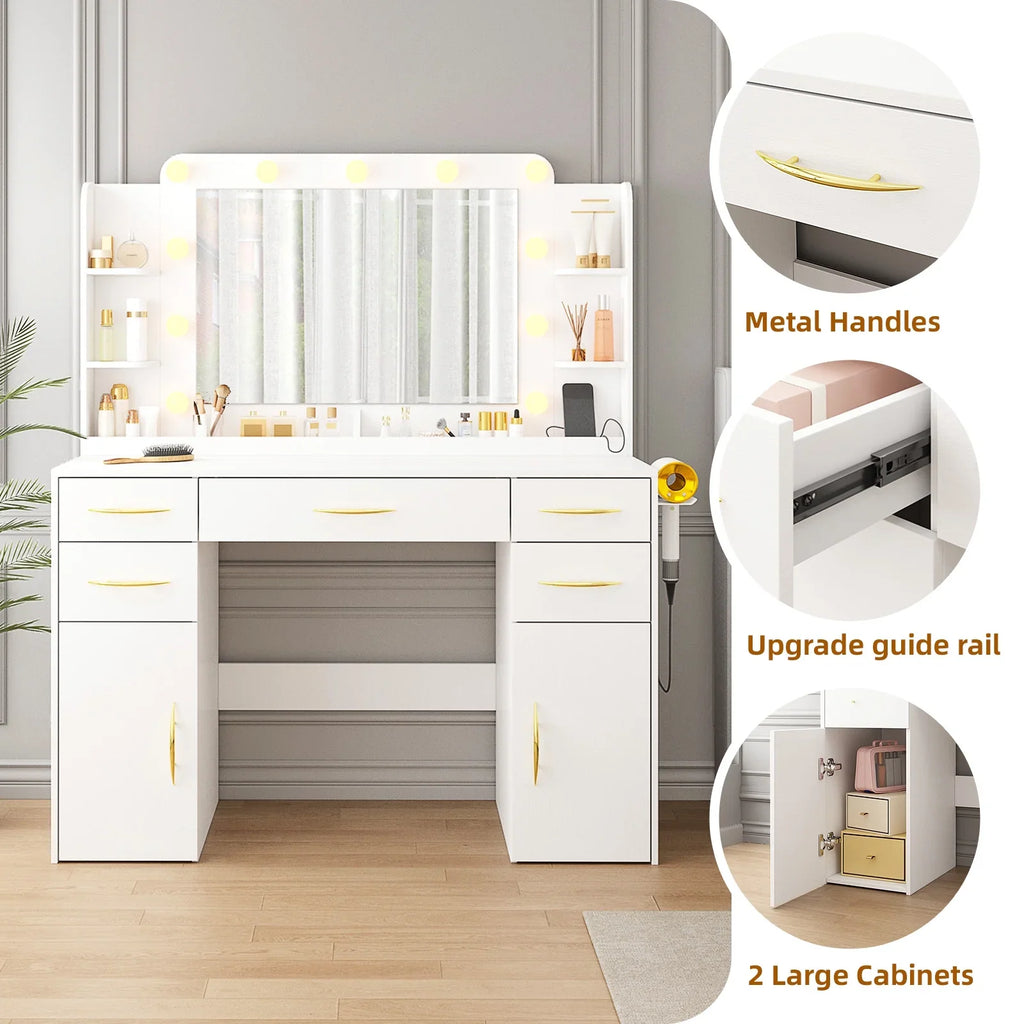 Tomnk woo White Makeup Vanity Desk with Large Mirror, Adjustable Lights, Storage Drawers & Power Outlets