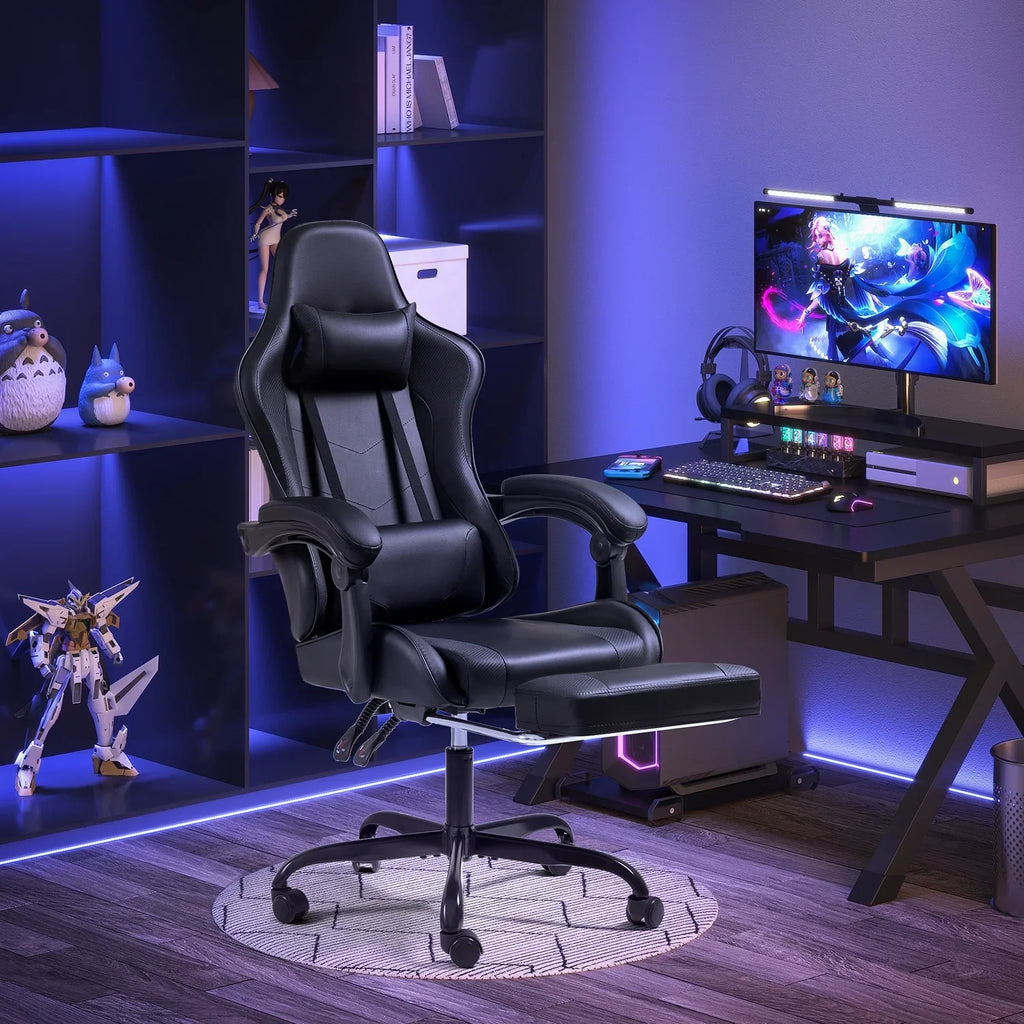 Lacoo PU Leather Gaming Chair Massage Ergonomic Gamer Chair Height Adjustable Computer Chair with Footrest & Lumbar Support, White