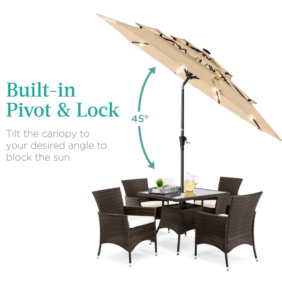 Best Choice Products 10ft 3-Tier Solar Patio Umbrella w/ 24 LED Lights, Tilt Adjustment, Easy Crank - Tan