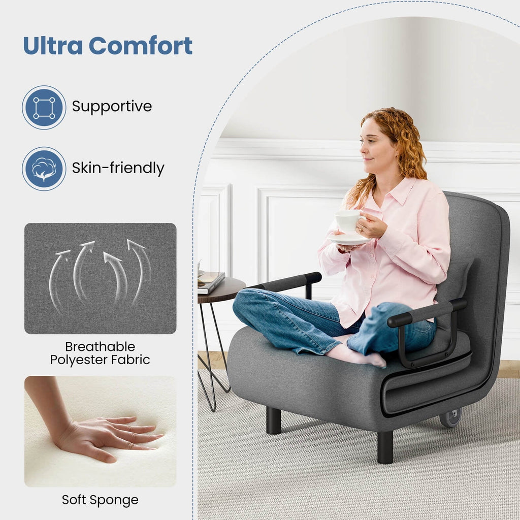 Costway 3-in-1 Convertible Sofa Bed with 5-Position Adjustable Backrest & Lumbar Pillow Brown