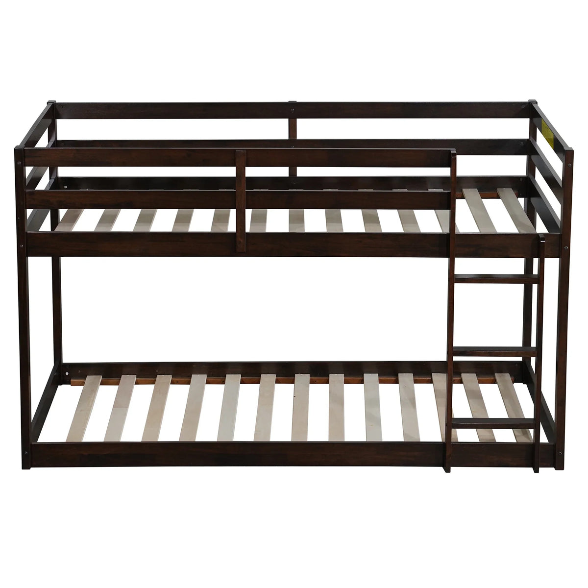 Twin Over Twin Floor Bunk Bed, UHOMEPRO Solid Wood Low Bunk Bed with Safety Rail, Ladder, Heavy Duty Bunk Beds, Space-Saving Bedroom Dorm Furniture, Gray