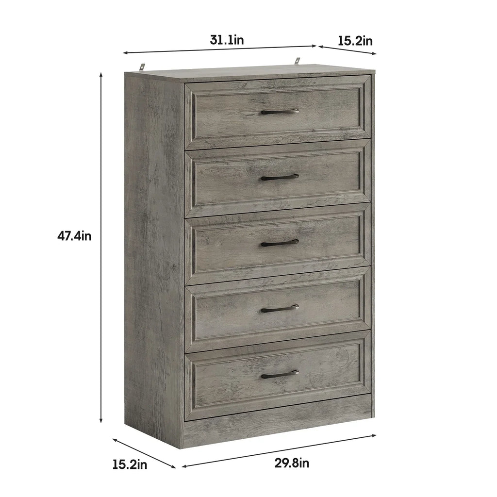 Vabches Farmhouse 5 Drawer Dresser with Metal Handle, Tall Wood Chest of Drawers for Living Room Bedroom,Dark Brown