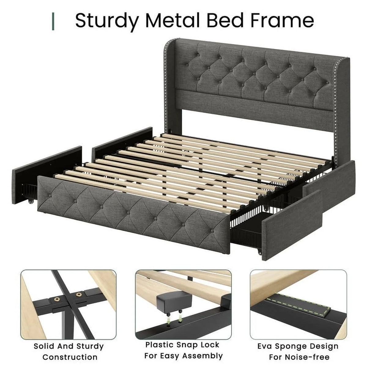 LARMACE Queen Size Platform Bed Frame with 4 Storage Drawers and Tufted Headboard Linen Upholstered Bed Wingback Bed Frame with Wooden Slats Support, Easy Assembly, Light Grey