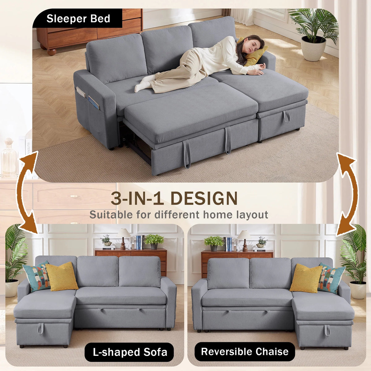 Pingliang Home Pull Out Sleeper Sofa Bed Sectional Sofa with Storage Chaise,L Shaped Sectionals Couches with Side Pockets,Modern Linen Reversible Sofa Couch for Living Room Apartment Office Studio