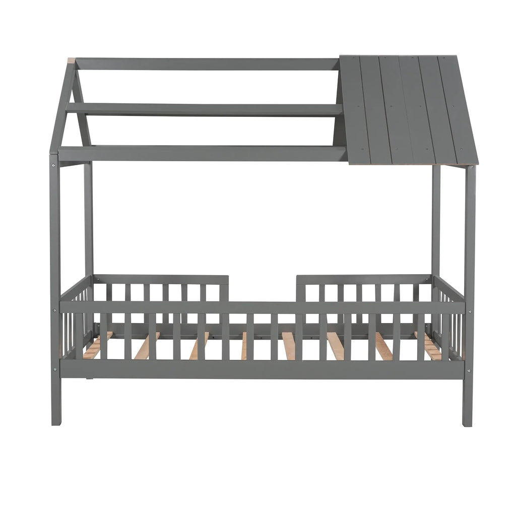 Euroco Twin Size Platform Bed, House Bed with Fence for Kids, Gray