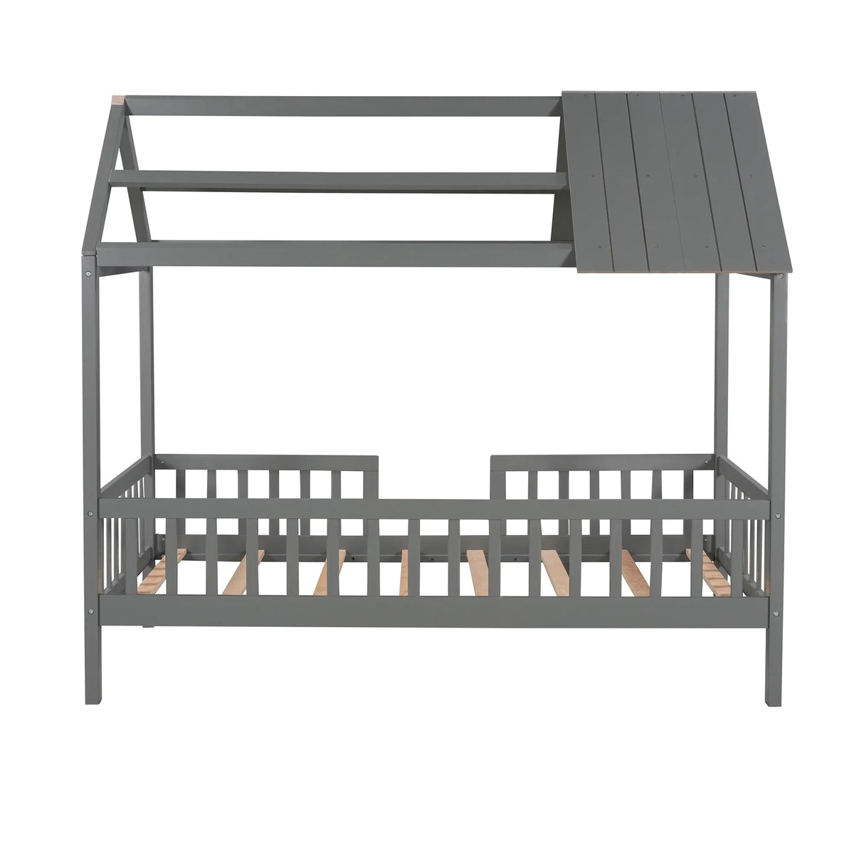 Euroco Twin Size Platform Bed, House Bed with Fence for Kids, Gray