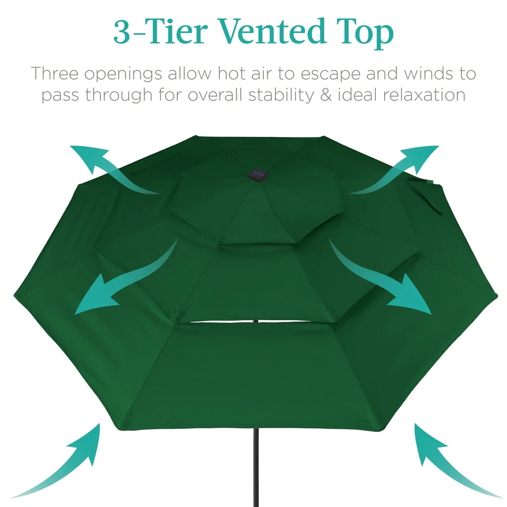Best Choice Products 10ft 3-Tier Solar Patio Umbrella w/ 24 LED Lights, Tilt Adjustment, Easy Crank - Tan