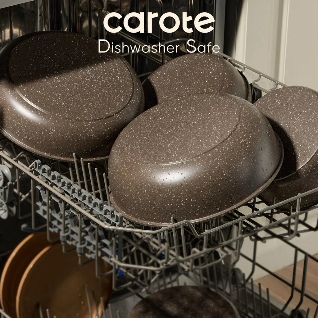 CAROTE 17-Piece Nonstick Cookware Set with Detachable Handle, Induction Compatible, Oven Safe, Brown Pots and Pans for Kitchen & RV
