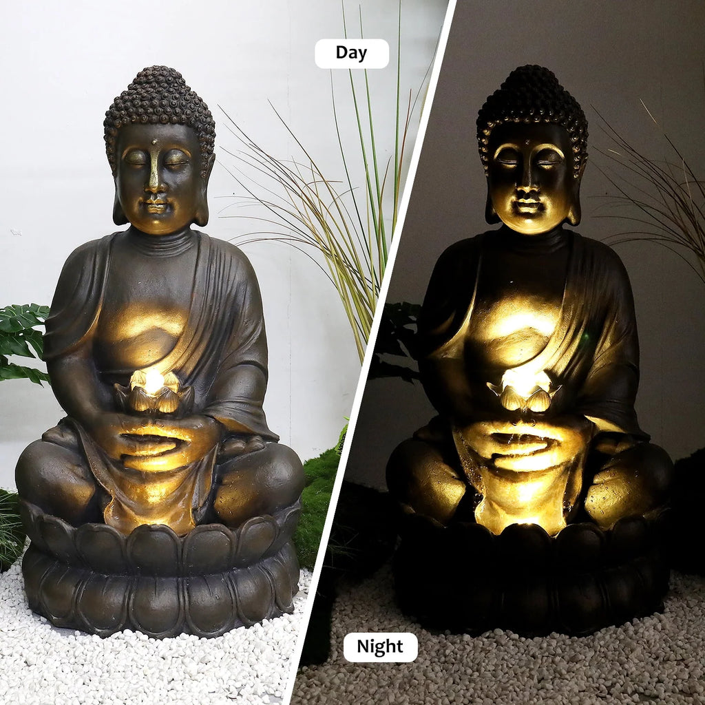 33" H Buddha Outdoor Water Fountain with LED Lights and Pump,Zen Style Relaxing Garden Fountain Waterfall for Patio, Porch and Yard Decor