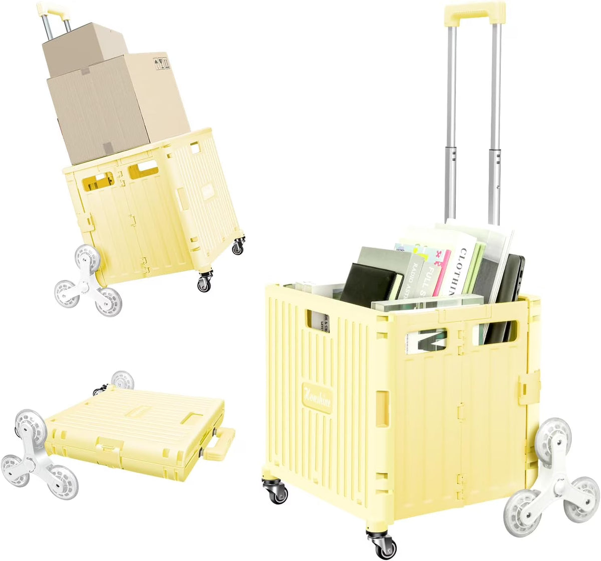 Collapsible Rolling Crate for Stair Climbing: Rolling Cart for Shopping Teacher Laundry (Milky White)