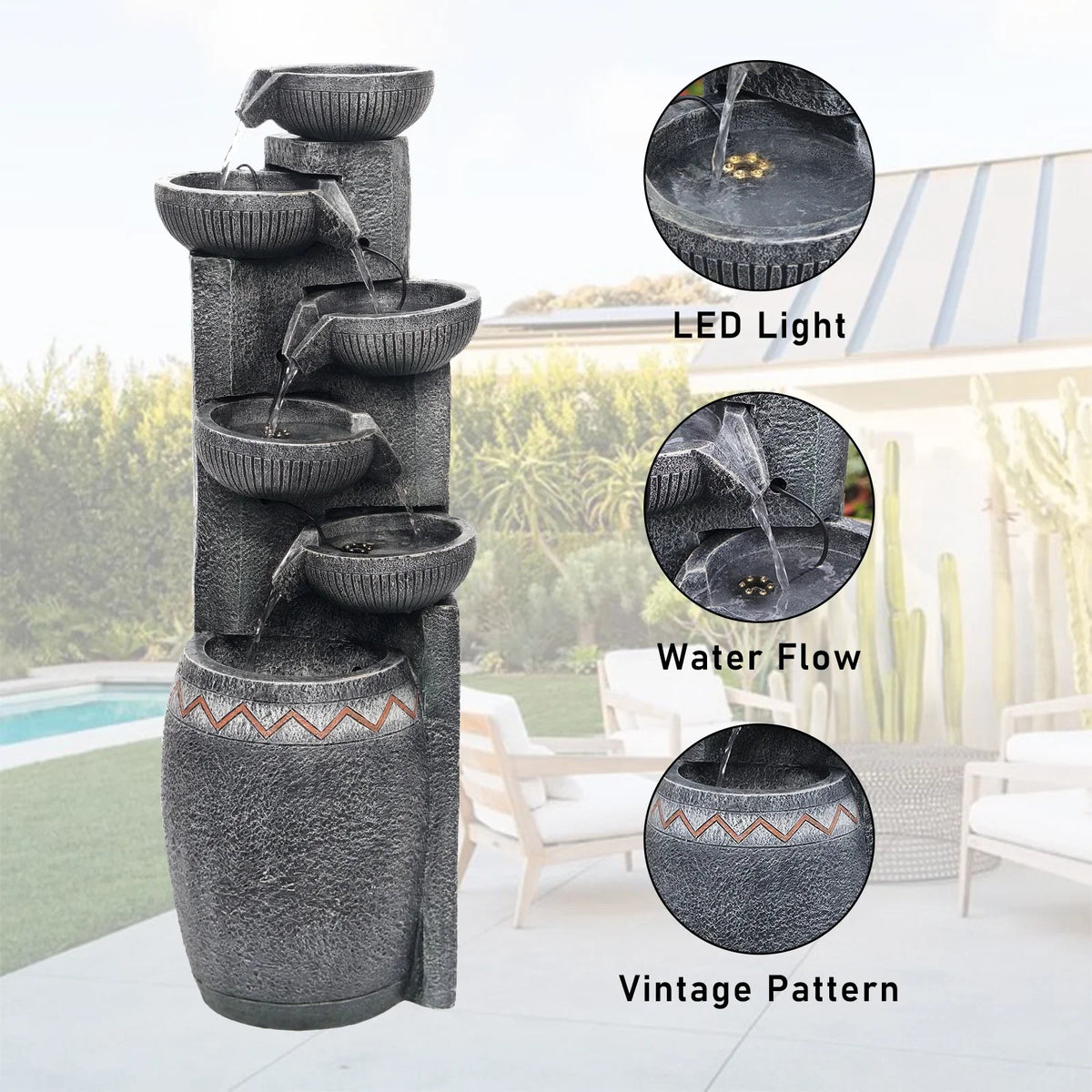 35.83''H Outdoor Indoor Garden Water Fountain 6-Tiers Modern Floor Standing Water Feature Waterfall Fountains with LED Lights for Yard Porch Deck Patio Home Decor