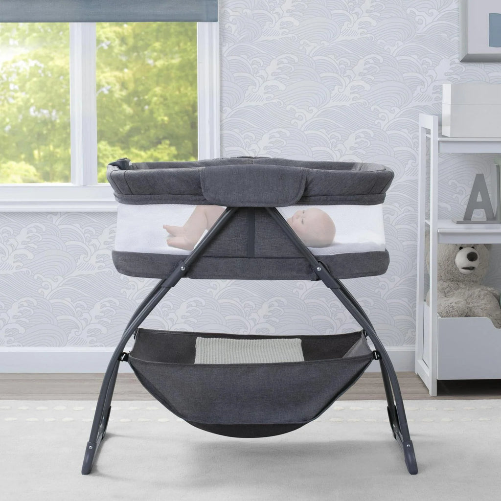 Delta Children TravelMate Compact Fold Bassinet - Features Lights. Sounds and Vibration. Grey Tweed