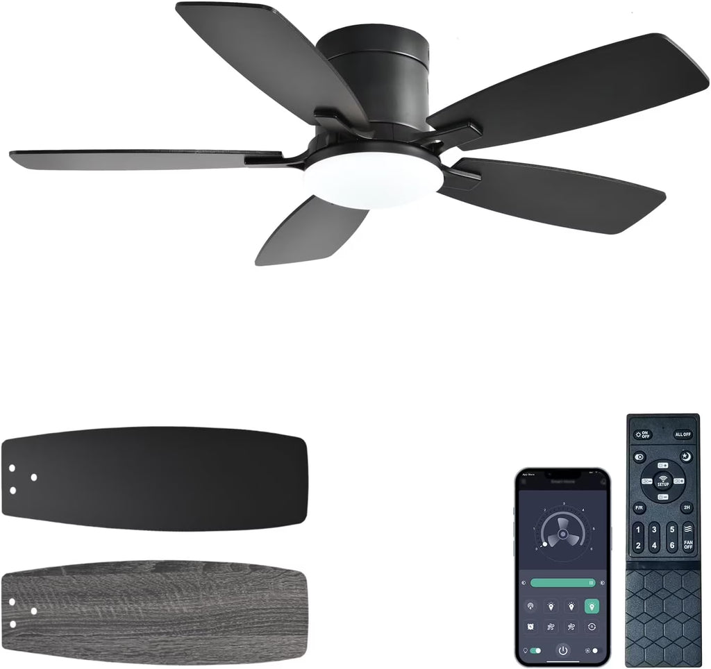 42 Inch Low Profile Ceiling Fans with Lights and Remote, Flush Mount Modern Ceiling Fan, 3 CC T DC Ceiling Fan for Bedroom, Living Room, Brushed Nickel