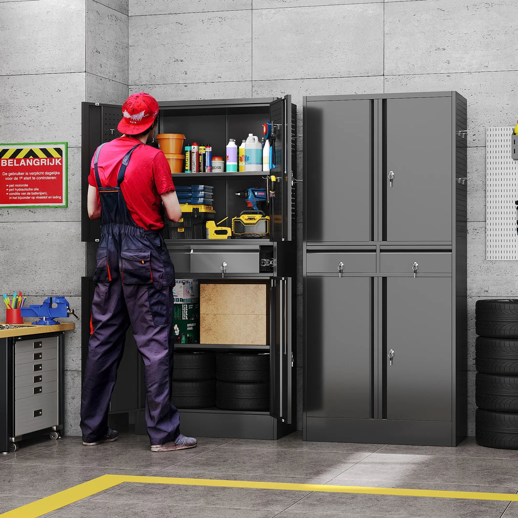 GAEANET 2 Door Metal Storage Cabinet with 5 Adjustable Shelves &Pegboard, 71" H"32" W"16" D Locking Steel Garage Cabinet, for Garage,Office,Home,Gym,School, File Cabinet,Assembly Required, Black