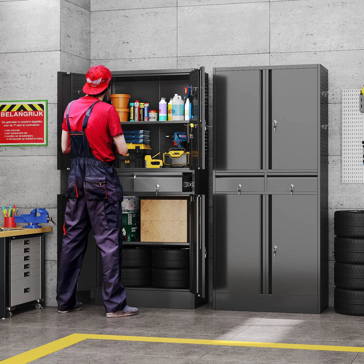 GAEANET 2 Door Metal Storage Cabinet with 5 Adjustable Shelves &Pegboard, 71" H"32" W"16" D Locking Steel Garage Cabinet, for Garage,Office,Home,Gym,School, File Cabinet,Assembly Required, Black