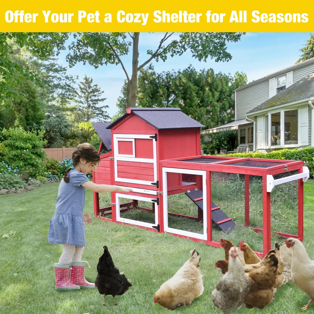 Aivituvin Mobile Chicken Coop with Wheels & Nesting Box for Outdoor, Expandable Wood Chicken House with Leakproof Pull-Out Tray and UV-Resistant Roof Panel, Gray