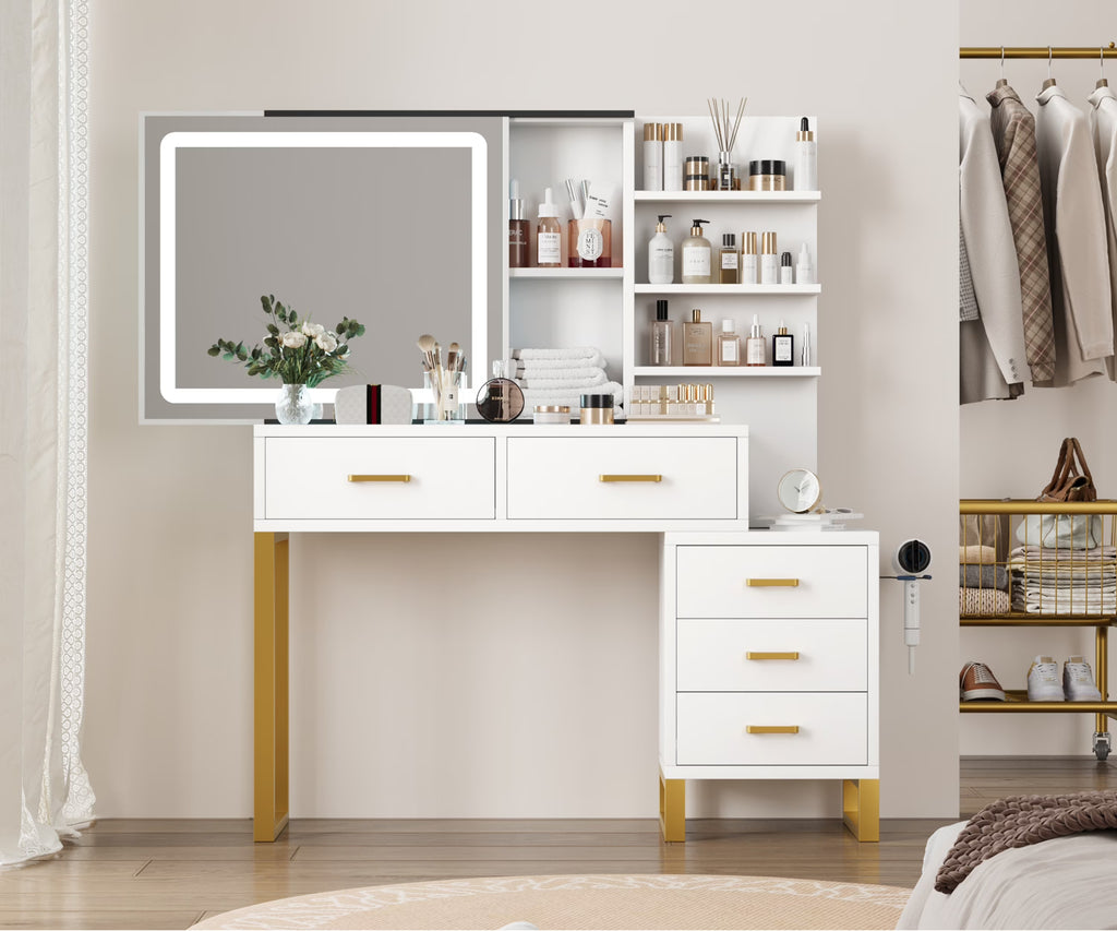 Vanity Desk with Adjustable LED Lighted Sliding Mirror,Makeup Vanity with 5 Drawers&Open Shelves for Bedroom