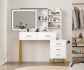 Vanity Desk with Adjustable LED Lighted Sliding Mirror,Makeup Vanity with 5 Drawers&Open Shelves for Bedroom