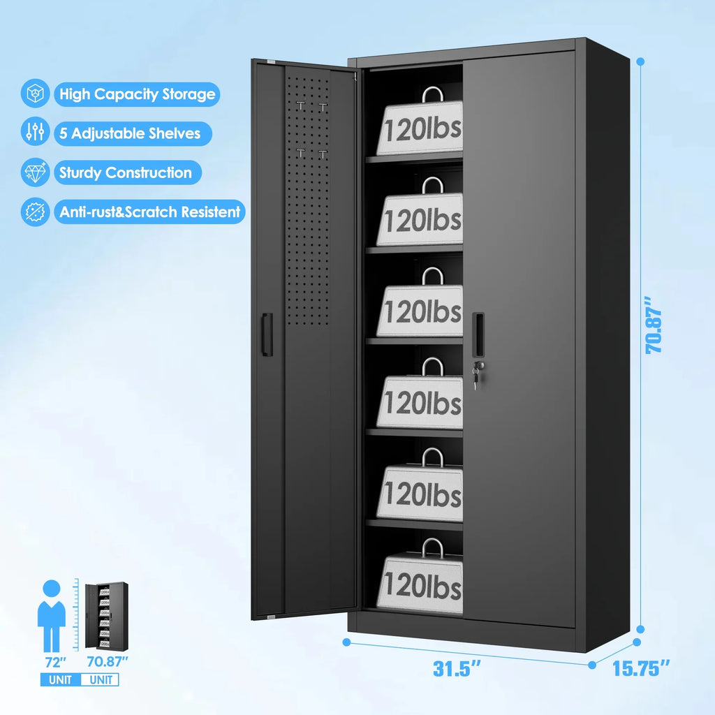 GAEANET 2 Door Metal Storage Cabinet with 5 Adjustable Shelves &Pegboard, 71" H"32" W"16" D Locking Steel Garage Cabinet, for Garage,Office,Home,Gym,School, File Cabinet,Assembly Required, Black