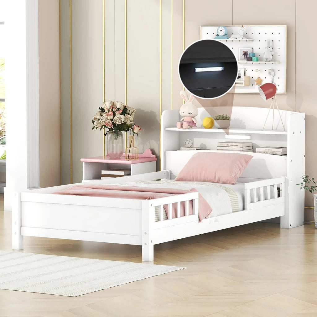 Euroco Wood Twin Size Platform Bed with Storage Headboard, Shelves and LED Light for Kids, Gray
