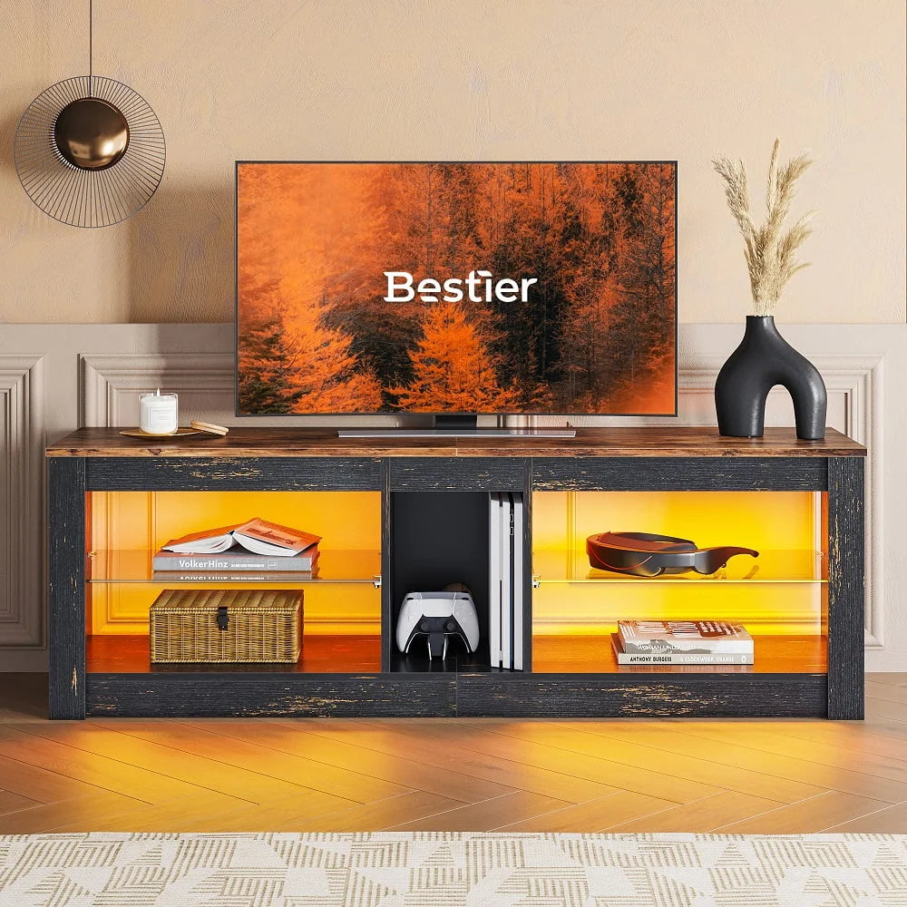 Bestier Entertainment Center with LED Lights TV Stand Media Console Table for TVs up to 60" in Light Grey