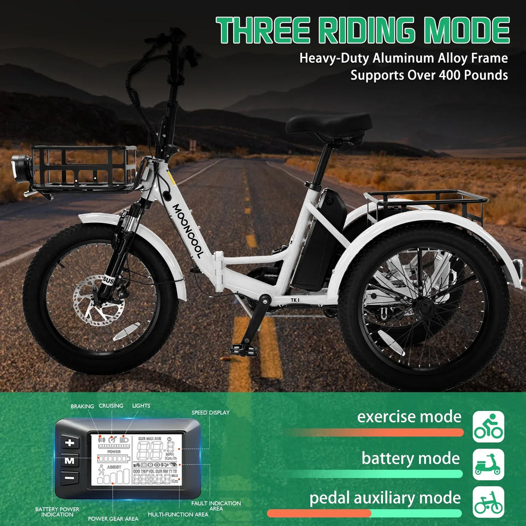 MOONCOOL TK1 Folding Electric Tricycle for Adults,48V 14.5Ah Removable battery, 500W"Peak 1000w"Motor, 20" Fat Tire Step-Thru 3Wheel Electric Bicycle w/Front&Rear Baskets, Certified to UL 2849 by SGS