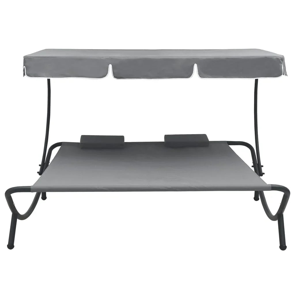 vidaXL Outdoor Double Chaise Lounge Patio Lounge Bed with Canopy and Pillows